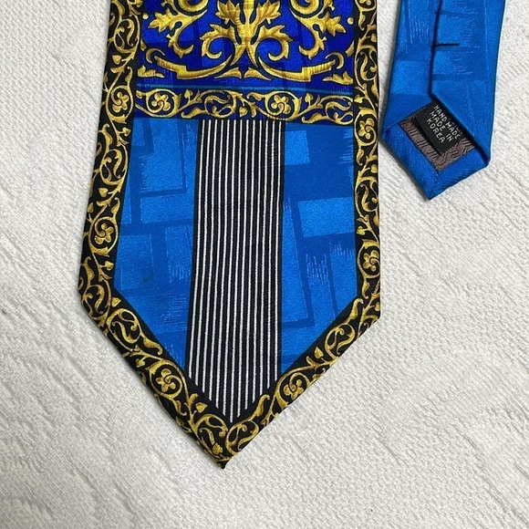 Vintage: Bruno Piattelli Blue Yellow Black Elaborate Pattern, Pure Silk Korea - Picture 3 of 6